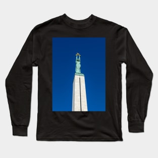 Figure of Liberty at the top of the Freedom Monument in Riga, Latvia Long Sleeve T-Shirt